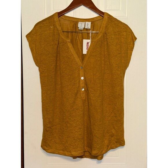 NWT Joie 100% Linen 3 Button V-Neck Mustard Cap Sleeve Yellow Top Size Small - Picture 1 of 8